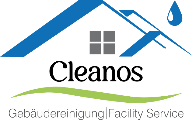 Cleanos Gebäudereinigung Facility Service Logo mit stilisiertem Hausdach, Fenster, grünem Schwung und Wassertropfen